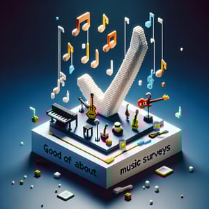 3D voxel art depicting online music surveys on a dark blue background.