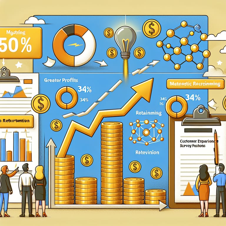 Illustration showing the impact of effective Customer Experience Survey questions on profits and retention.