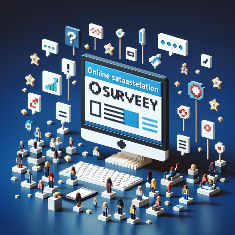 3D voxel art depicting the concept of online customer satisfaction surveys on a dark blue background.