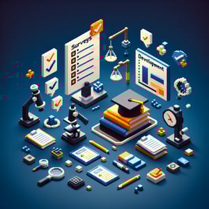 3D voxel art depicting online surveys, emphasizing learning and development, on a dark blue background.