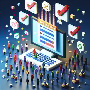 3D voxel art depicting online surveys, symbolizing community needs assessment questions.