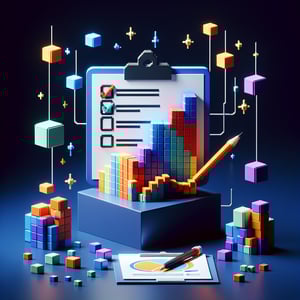 3D voxel art depicting online management performance survey concept on a dark blue background.