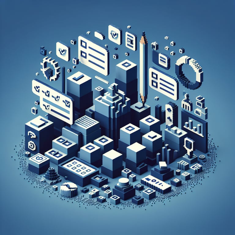 3D voxel art depicting online PMI surveys with a dark blue background.