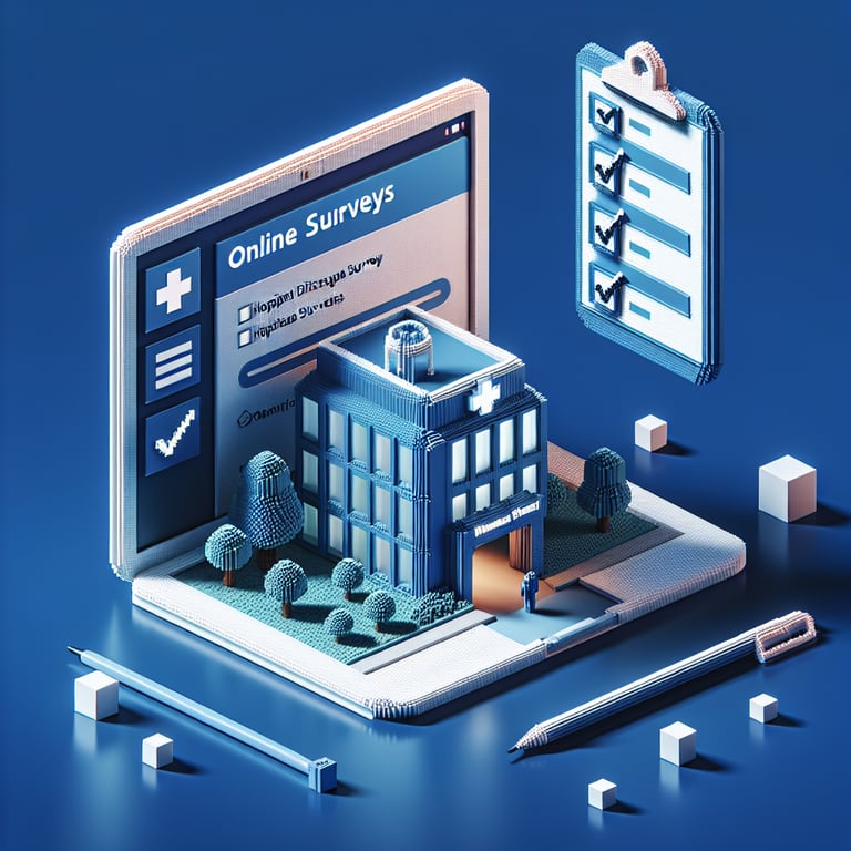 3D voxel art depicting the concept of online hospital discharge survey questions on a dark blue background.