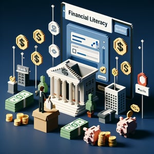 3D voxel art depicting online financial literacy survey concept on a dark blue background.