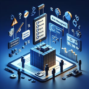 3D voxel art depicting online survey process in the context of risk management quality gates.