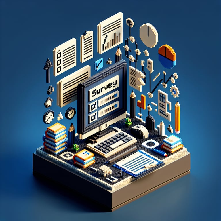 3D voxel art depicting online learning survey questions on a dark blue background.