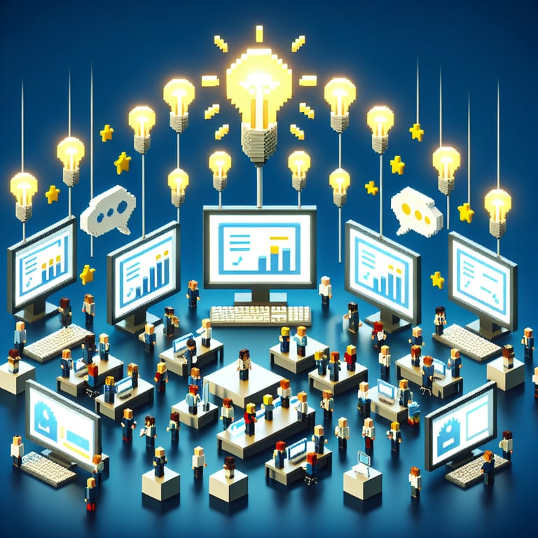 3D voxel art depicting online employee feedback surveys against a dark blue background.