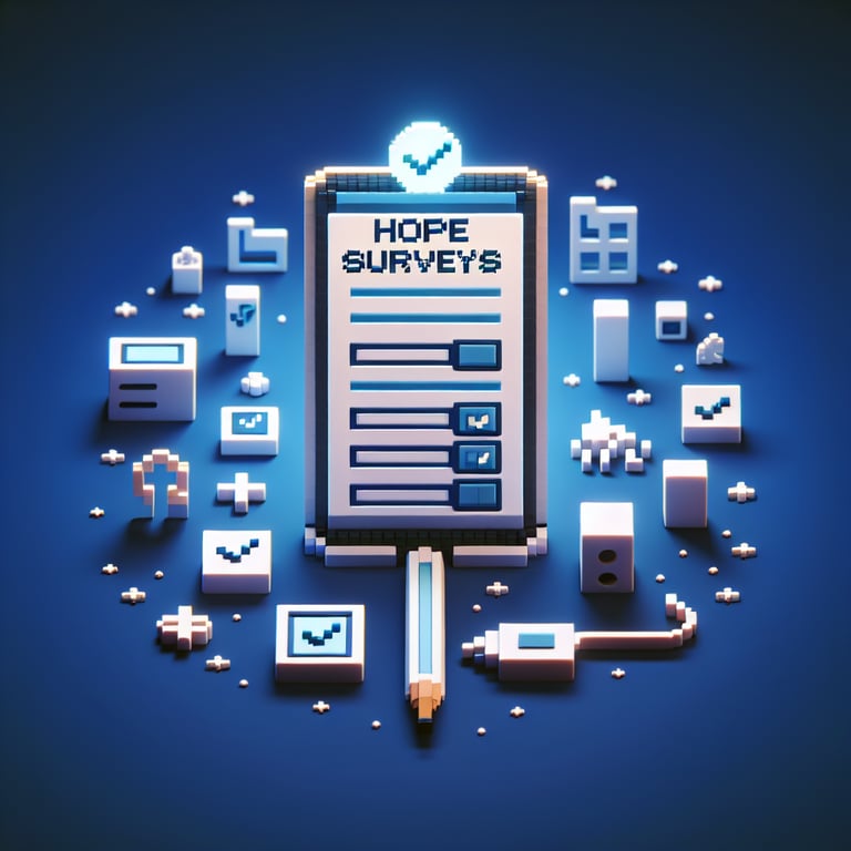 3D voxel art depicting the concept of online hope surveys on a dark blue background.