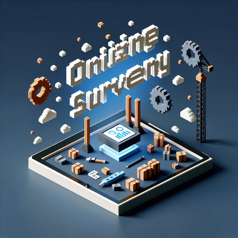 3D voxel art depicting online surveys, ideal for a business industry survey landing page.
