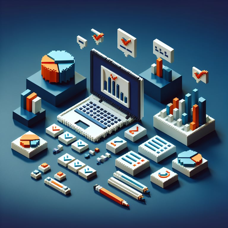 3D voxel art depicting online customer segmentation surveys on a dark blue background.