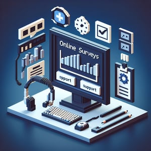 3D voxel art depicting online IT support survey concept on a dark blue background.