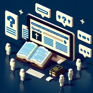 3D voxel art depicting online survey concept, themed around Old Testament, on a dark blue background.