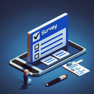 3D voxel art depicting online surveys and questions on a dark blue background.