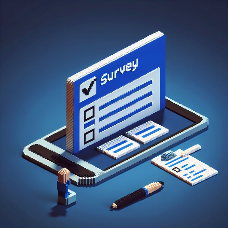 3D voxel art depicting online surveys and questions on a dark blue background.