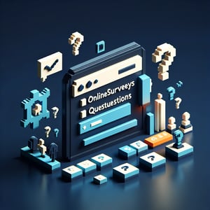 3D voxel art depicting online HR service delivery survey process on a dark blue background.