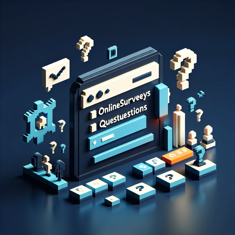 3D voxel art depicting online HR service delivery survey process on a dark blue background.