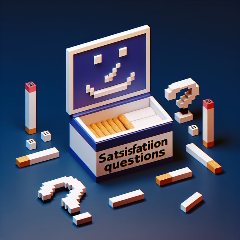 3D voxel art depicting online survey process, emphasizing satisfaction questions in smoking cessation studies.