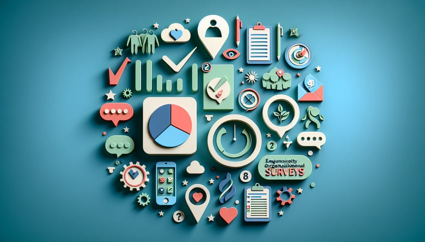 Paper-cut illustration featuring various employee engagement survey questions and templates for weekly and monthly use.