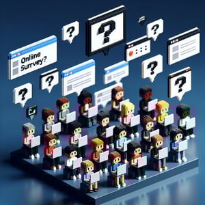 3D voxel art depicting online survey concept, targeted towards engaging second graders, on a dark blue background.