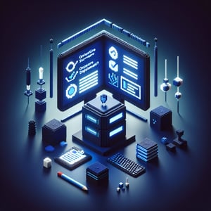 3D voxel art depicting online software deployment surveys on a dark blue background.