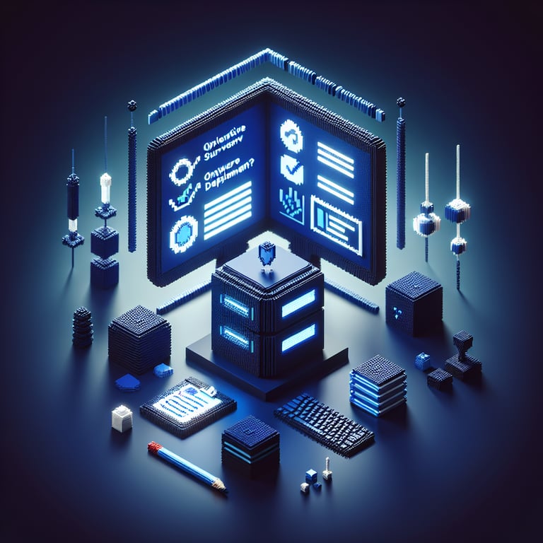 3D voxel artwork depicting deployment feedback gauges, digital releases, and survey analytics