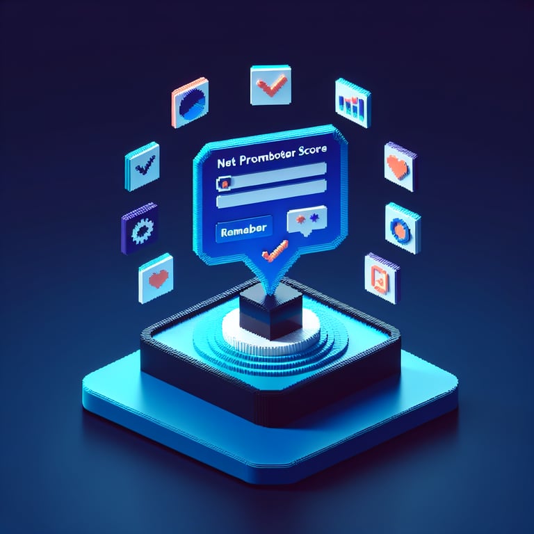3D voxel art depicting online surveys on a dark blue background, symbolizing NPS score surveys.