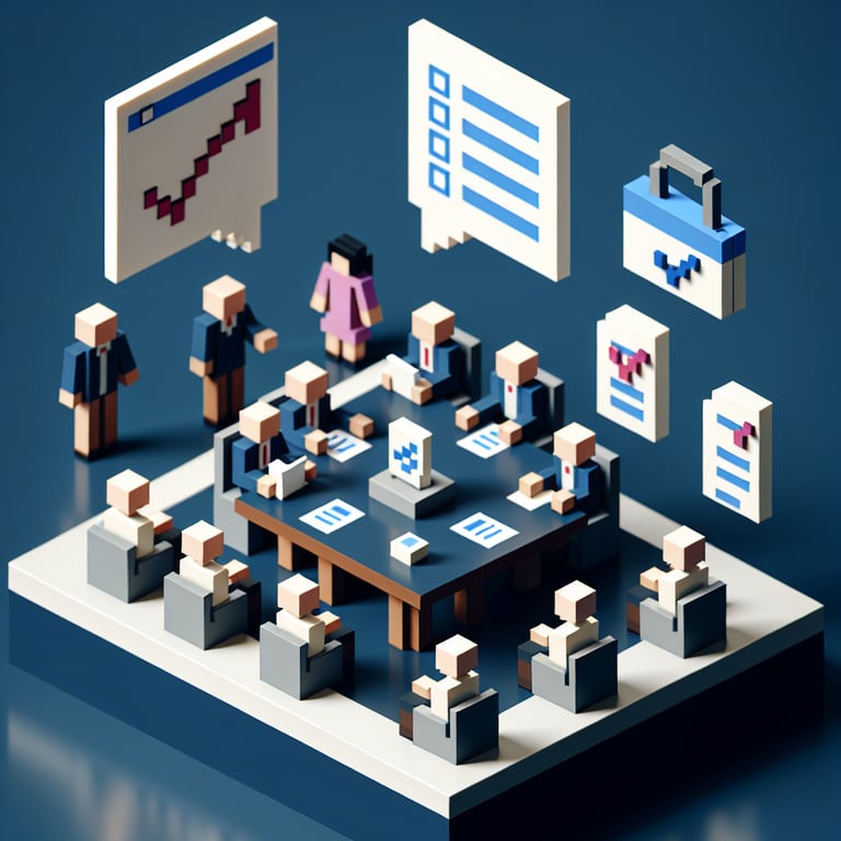3D voxel art depicting online surveys on a dark blue background, symbolizing effective meeting survey questions.