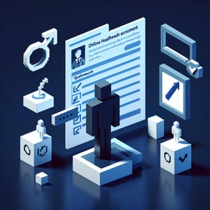 3D voxel art depicting online survey concept, with a focus on male health needs assessment, on a dark blue background.