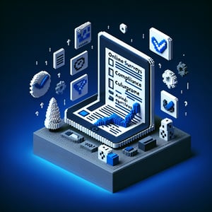 3D voxel art depicting online compliance culture survey concept on a dark blue background.