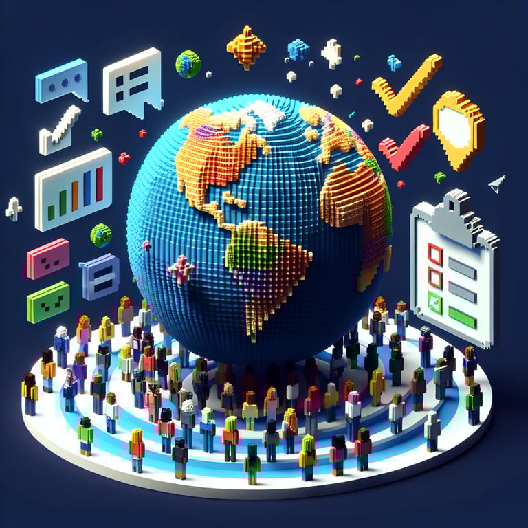Artistic 3D voxel grid illustrating territory-based demographic insights