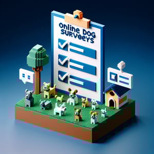 3D voxel art of a dog and survey tick boxes on a dark blue background, representing dog survey questions.