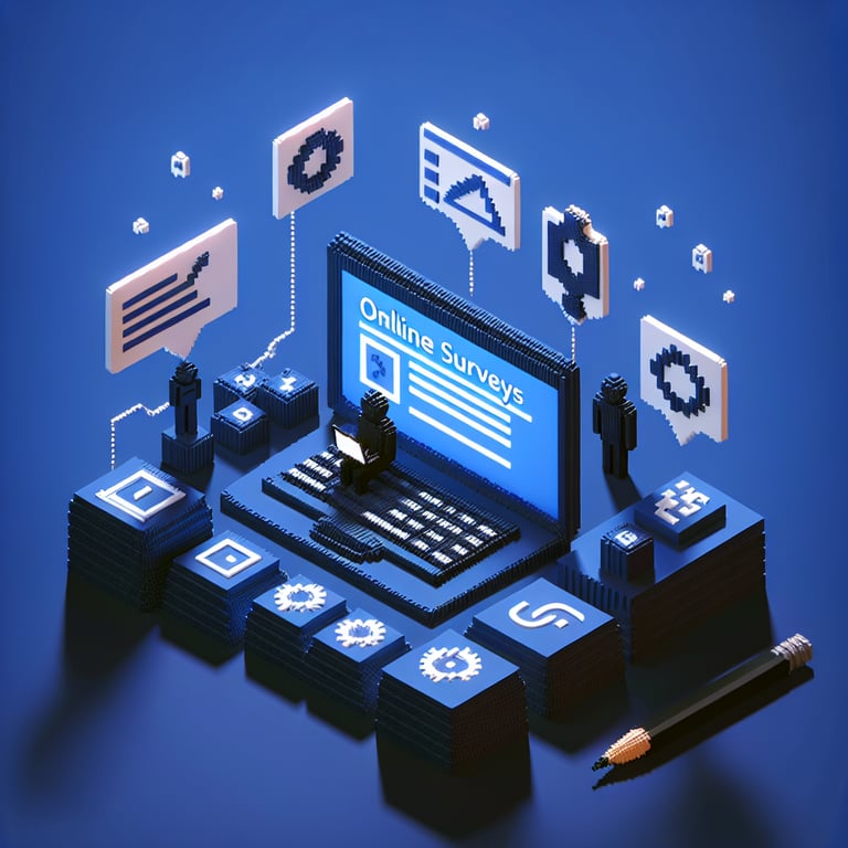 3D voxel art depicting online economic development surveys on a dark blue background.
