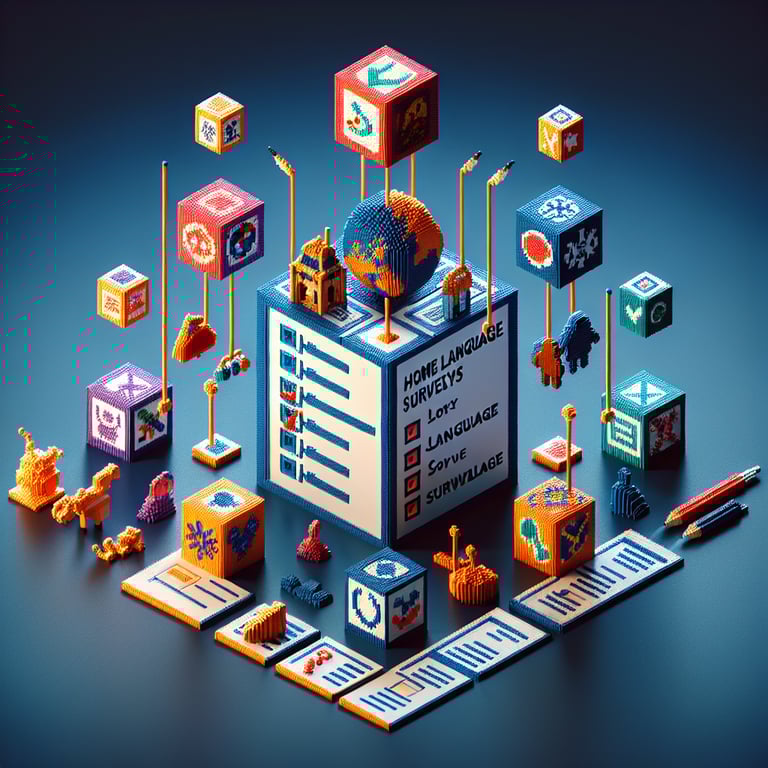 3D voxel art depicting online home language surveys on a dark blue background.