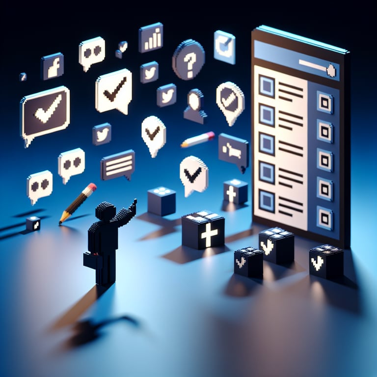 3D voxel art of interactive question panels about social media engagement patterns