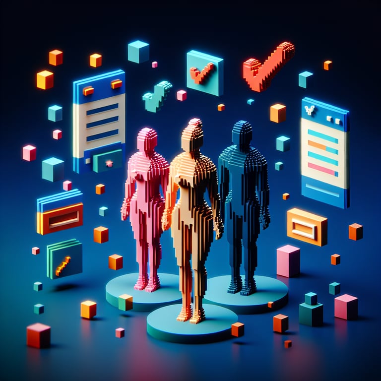 3D voxel art depicting an online body image survey on a dark blue background.