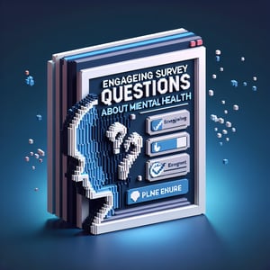 3D voxel art depicting online mental illness survey concept on a dark blue background.