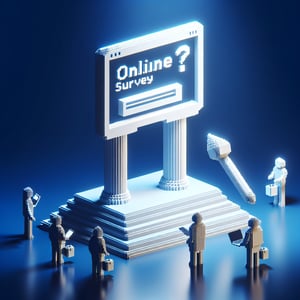 3D voxel art depicting online surveys, symbolizing problem-solving survey questions on a dark blue background.