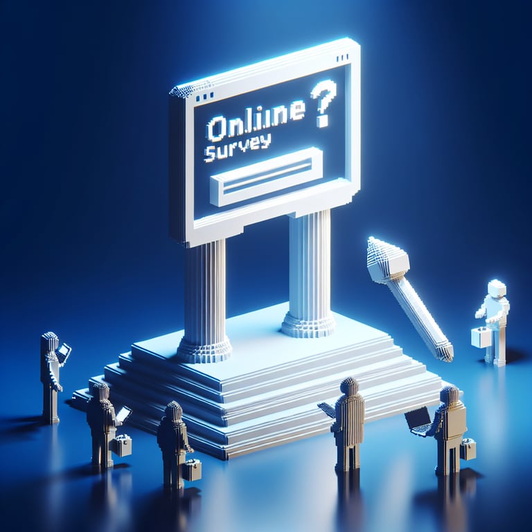 3D voxel art depicting online surveys, symbolizing problem-solving survey questions on a dark blue background.