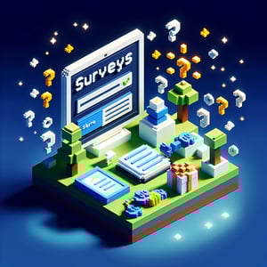 3D voxel art depicting online surveys with a dark blue background, symbolizing value for money survey questions.
