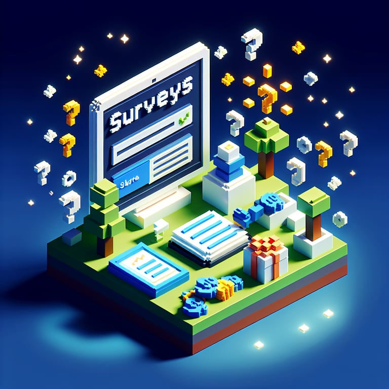3D voxel art depicting online surveys with a dark blue background, symbolizing value for money survey questions.