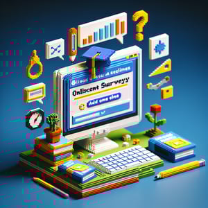 3D voxel art depicting online adolescent development survey concept on a dark blue background.
