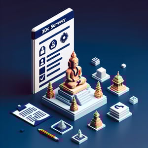 3D voxel art depicting online Hindu religion survey with a dark blue background.