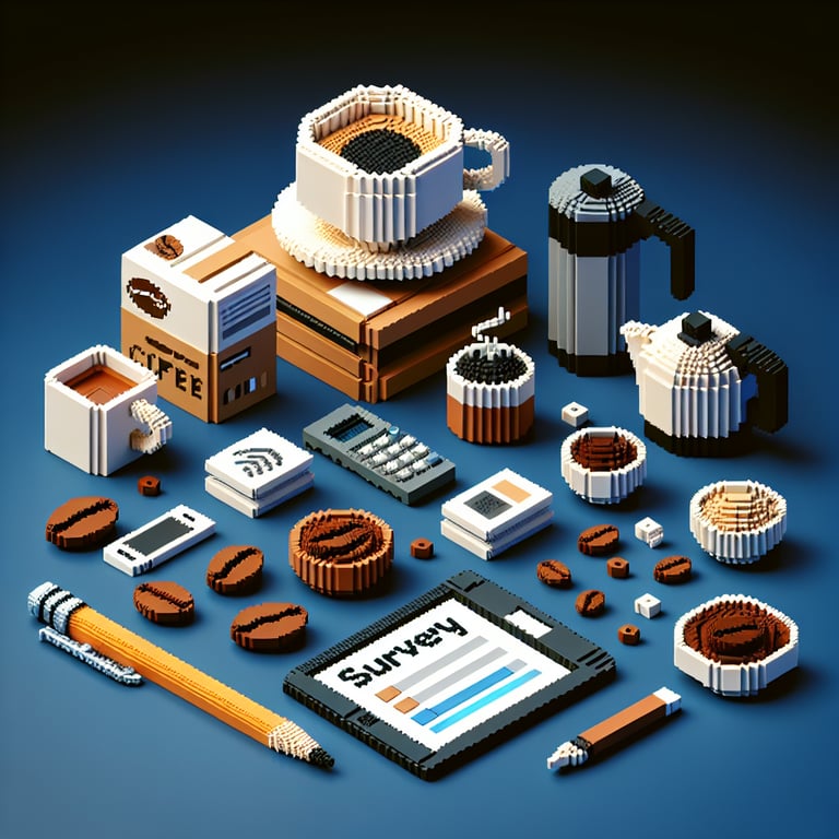 3D voxel art depicting online coffee surveys with a dark blue background.