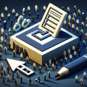 3D voxel art illustrating the concept of online pilot surveys on a dark blue background.