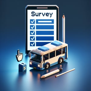 3D voxel art depicting online bus transportation surveys on a dark blue background.