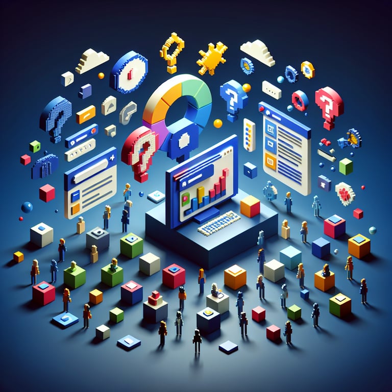 3D voxel art depicting the concept of online surveys, set against a dark blue background.