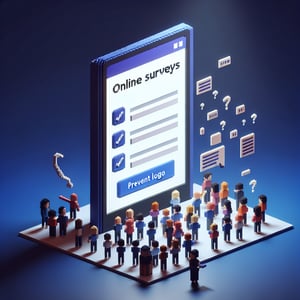 3D voxel art depicting the concept of online surveys and questions on a dark blue background.