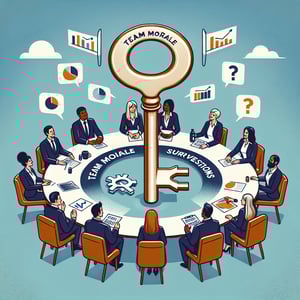 Illustration depicting the impact of Team Morale survey questions on profits and retention.