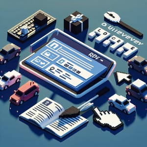 3D voxel art depicting online car rental survey concept on a dark blue background.